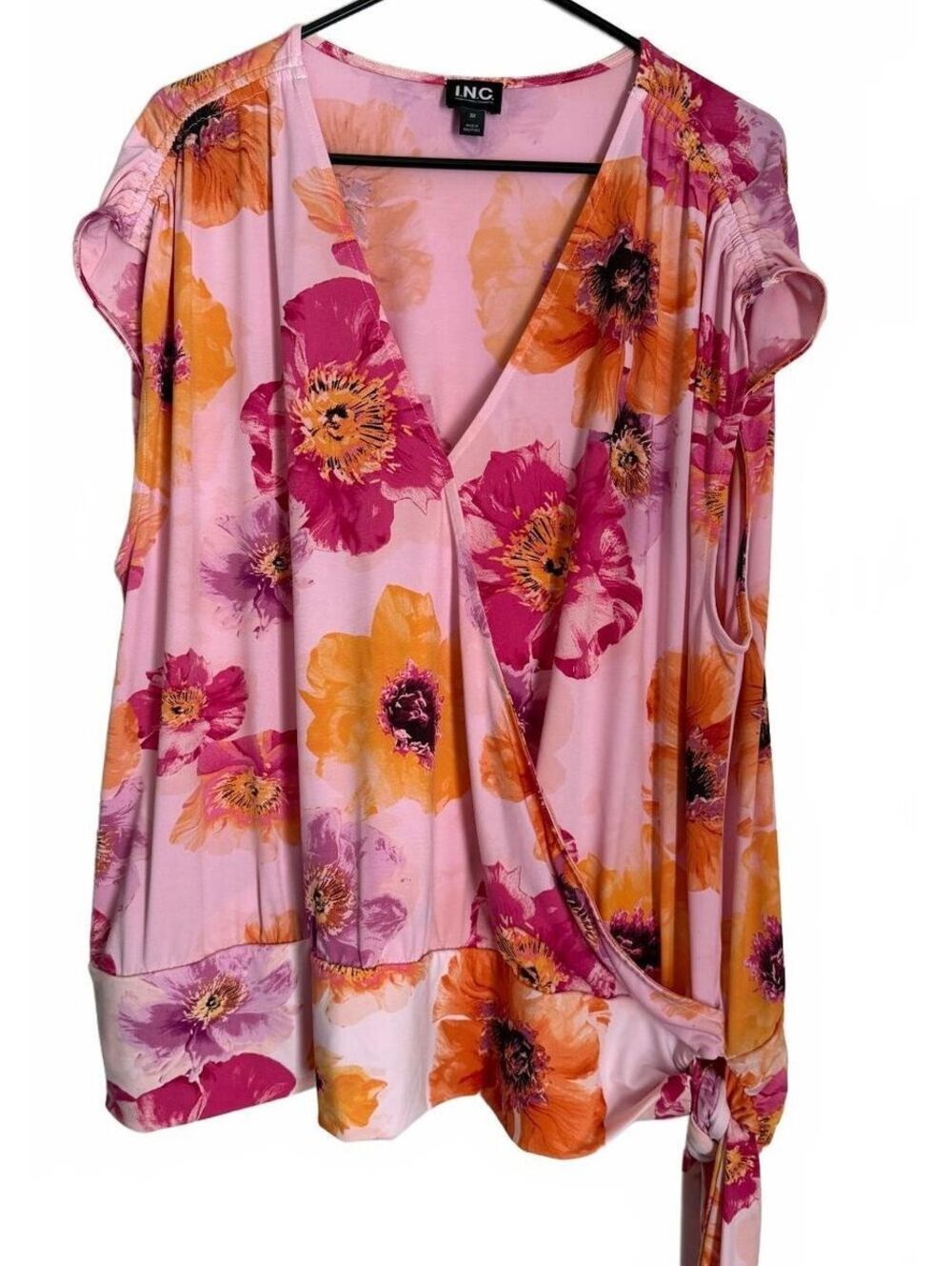 INC International Concepts Blouse Size 3X Sleeveless Tropical Floral Wrap Retro